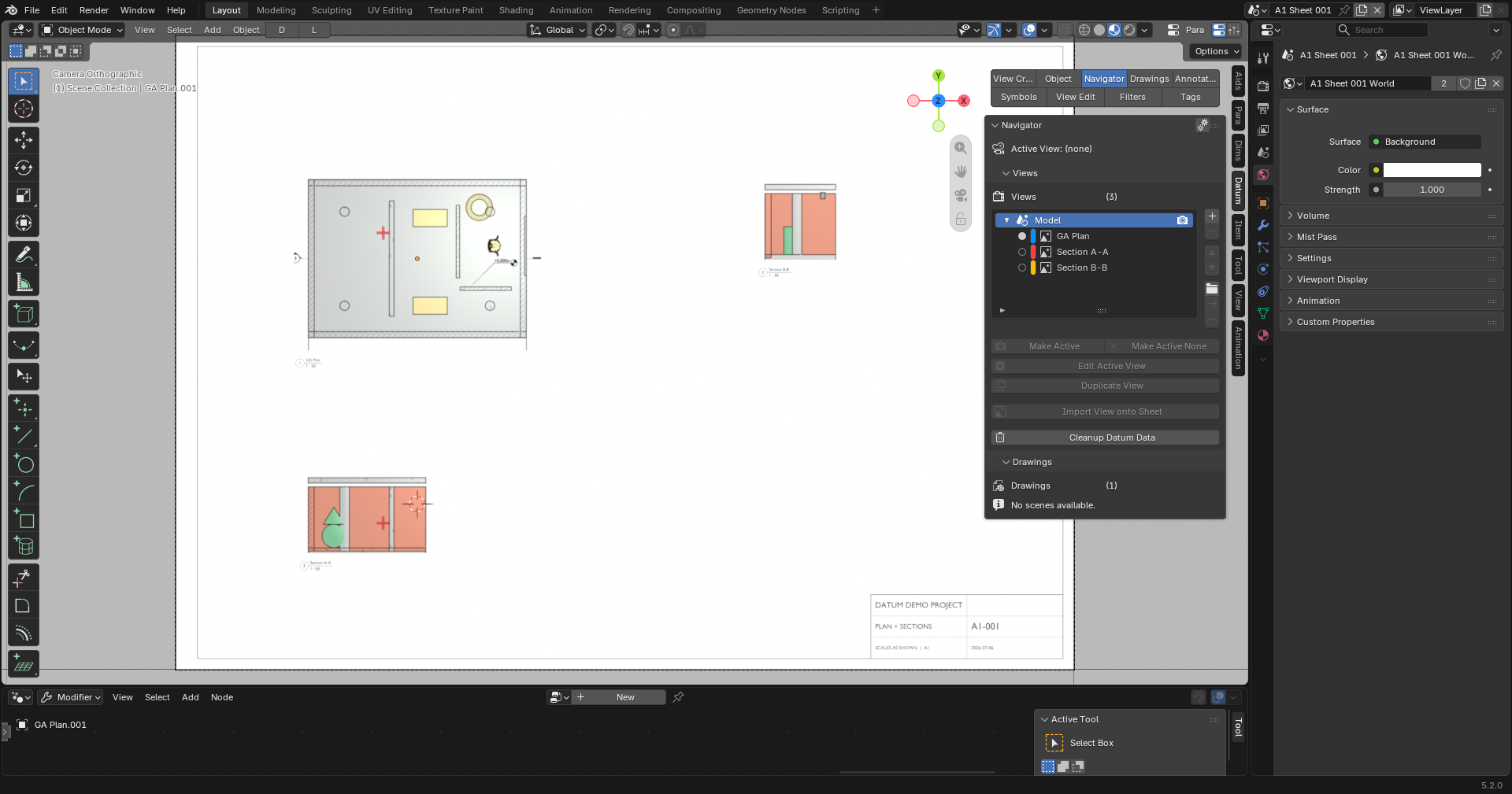 Blender showing the A1 sheet scene with the Datum Navigator panel open